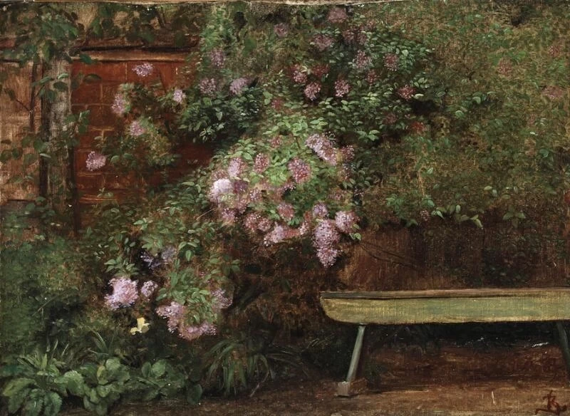 Kristian Zahrtmann - Cespuglio di lillà in fiore dietro una panchina, 31 maggio 1869